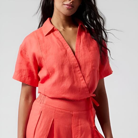 Athleta Tops - Athleta Playa Collared Tie Wrap Short Sleeve 100% Linen Crop Top Coral Orange S